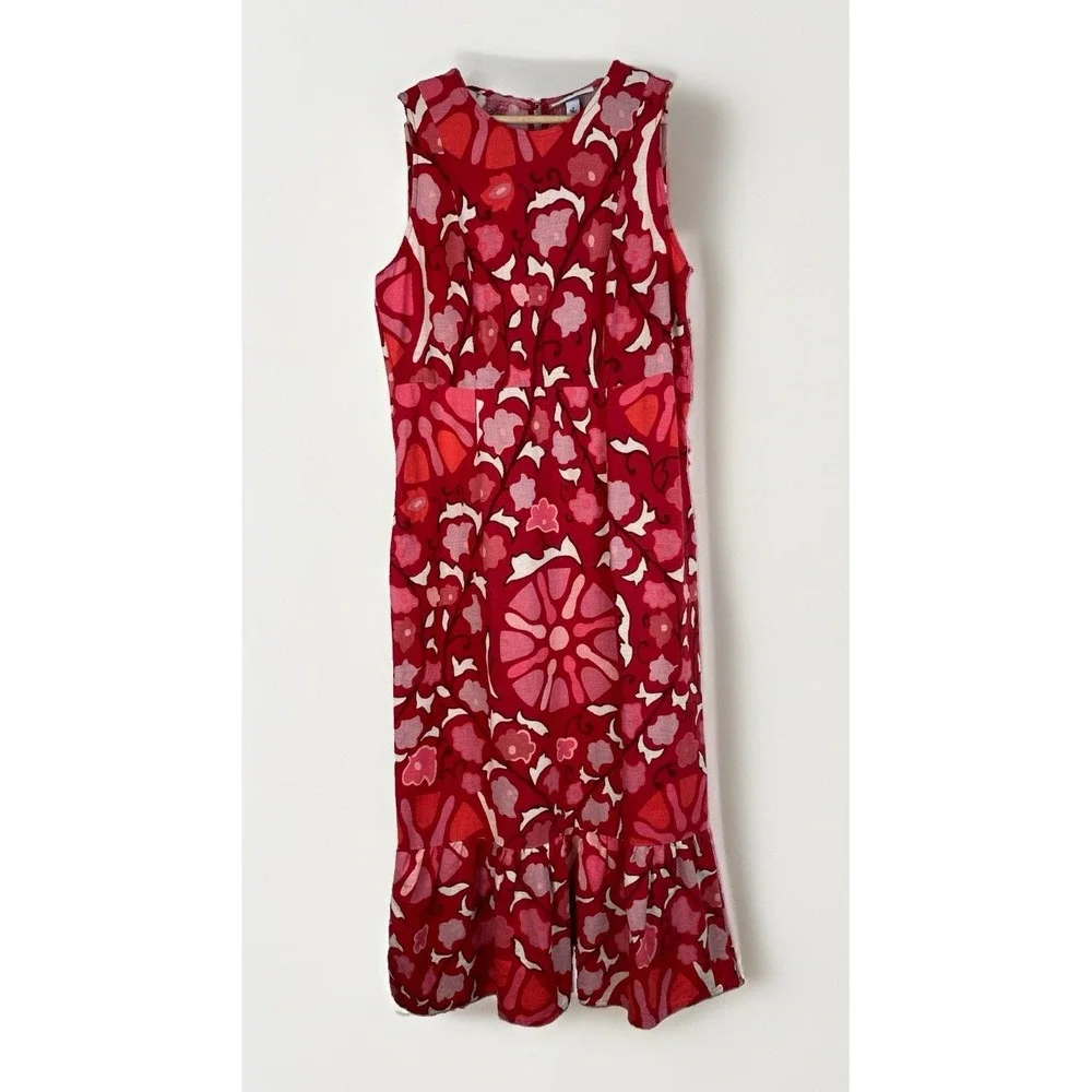 Rhode Womens 12 Red Pink White Floral Sleeveless Linen Blend Ruffle Sheath Dress